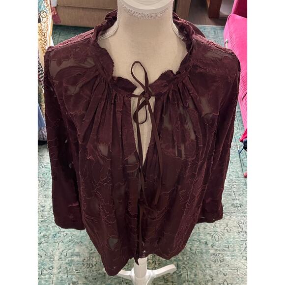 Dorothee Schumacher Burgundy Silk Lace Sheer Romance Tie Neck Blouse Top 4 $800 - Picture 8 of 16